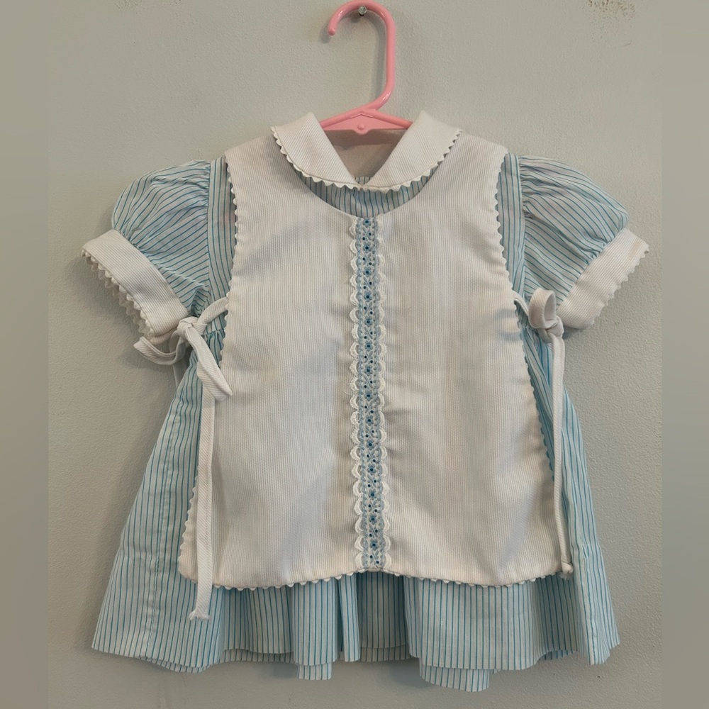 Vintage Annette Elane Blue Striped Puff Sleeve Embroidered Pinafore cotton dress
